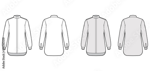 Shirt clergy technical fashion illustration with long sleeves with cuff, relax fit, concealed button-down, Tab Collar. Flat template front, back white grey color. Women men unisex top CAD mockup