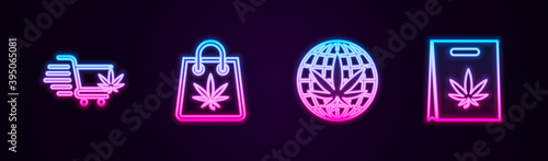 Set line Shopping cart with marijuana, bag of, Legalize and . Glowing neon icon. Vector.