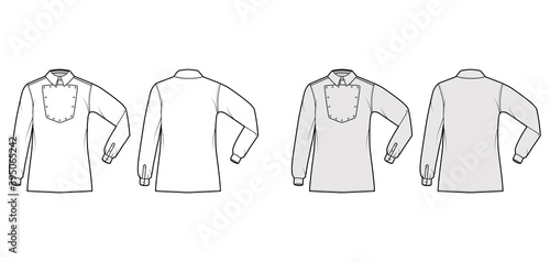 Shirt cavalry Officer technical fashion illustration with bib, elbow fold long sleeves, relax fit, classic collar. Flat wild west style template front, back white grey color. Women men top CAD mockup