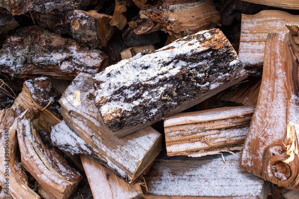Firewood for the firebox covered with snow.