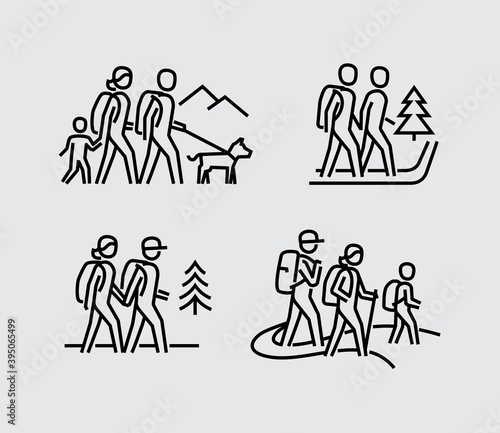 Hiking Couple Family Vector Line People Icons
