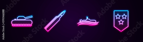 Set line Military tank, Bullet, Submarine and Chevron. Glowing neon icon. Vector.