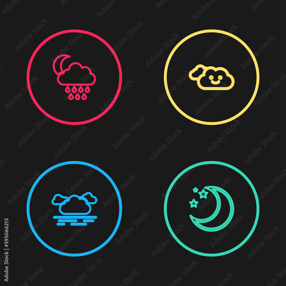 Set line Cloud, Moon and stars, and with rain moon icon. Vector.