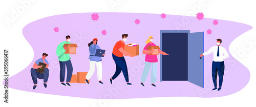 Angry Boss Fired Businessmen. Dismissed Characters From Job during Quarantine Loss Job. Dismissal Due to Pandemic. Workers with Boxes of Things Fired From Work in Office. Flat Vector Illustration