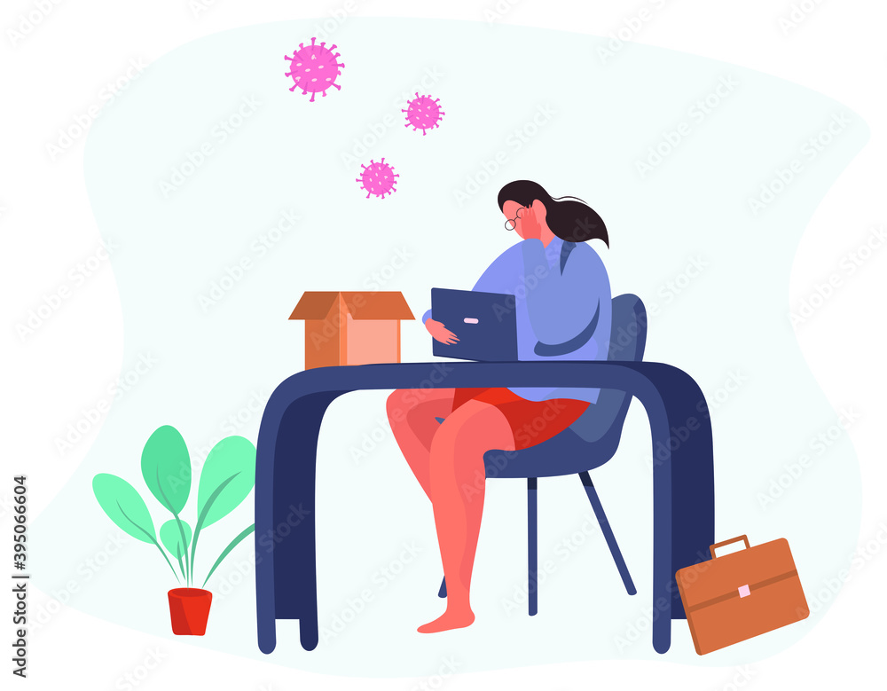 Fired and Dismissed Character From Job during Quarantine. Loss Job from Coronavirus. Dismissal Due to Pandemic. Office Worker with Box of Things Fired From Work in Office. Flat Vector illustration 