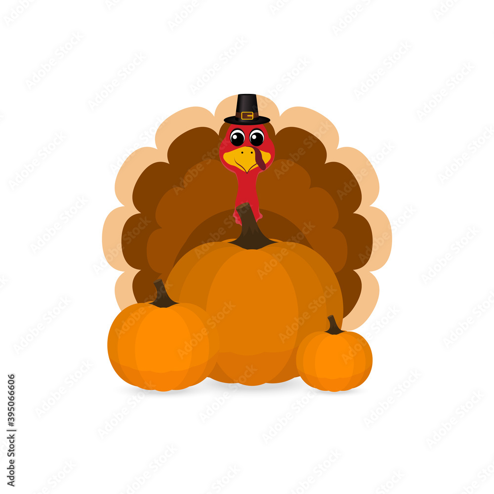 Thanksgiving cartoon turkey stands on a white background. Vector illustration for the holiday