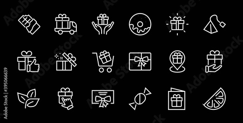 Gifts Linear Icons Set contains Gift Box  Gift Buying  Gift Delivery  Gift Geolocation mobile application  Gift notification  SMS. Editable Barcode  Vectar Icons