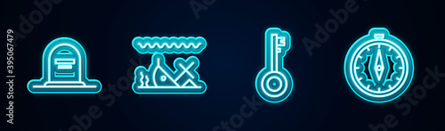 Set line Tombstone with RIP written, Sunken ship, Pirate key and Compass. Glowing neon icon. Vector.