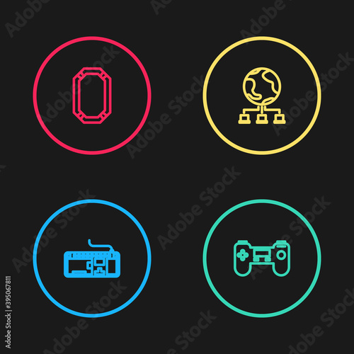 Set line Computer keyboard, Gamepad, network and Poker table icon. Vector.