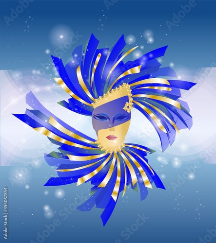 composition with a woman in carnival disguise on her head