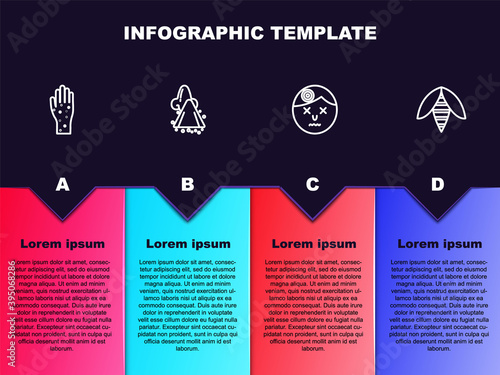 Set line Hand with psoriasis or eczema, Runny nose, Man having headache and Bee. Business infographic template. Vector.