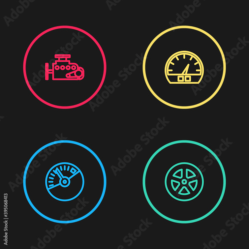 Set line Speedometer, Car wheel, and engine icon. Vector.