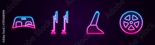 Set line Car windscreen, Windscreen wiper, handbrake and wheel. Glowing neon icon. Vector.