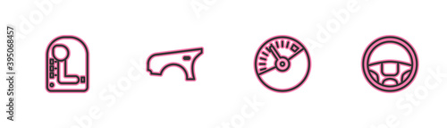 Set line Gear shifter, Speedometer, Car fender and Steering wheel icon. Vector.