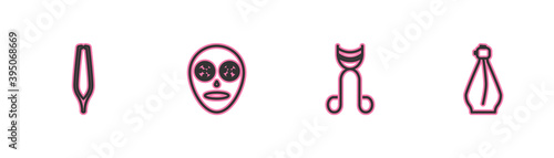 Set line Eyebrow tweezers, Eyelash curler, Facial cosmetic mask and Perfume icon. Vector.