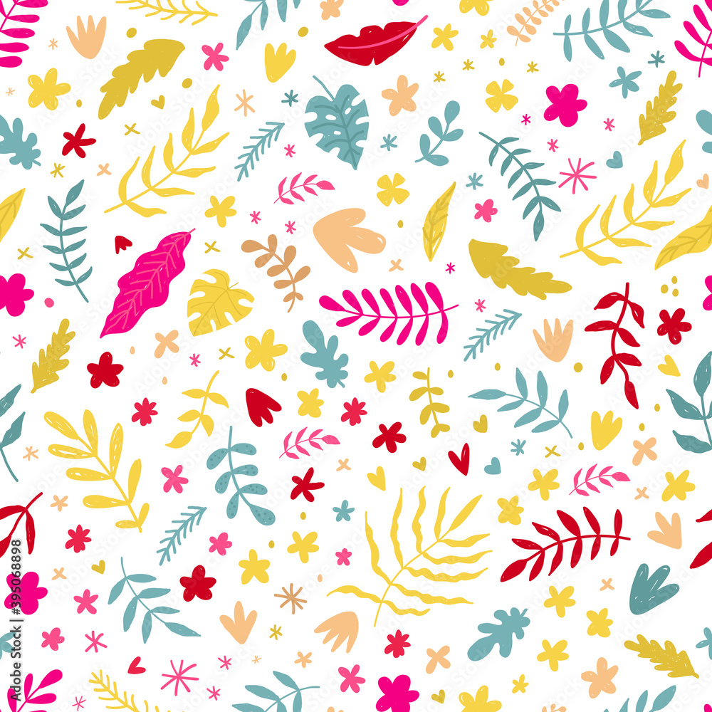 Vector seamless floral pattern in doodle style. Bright pattern with flowers, hearts and branches.