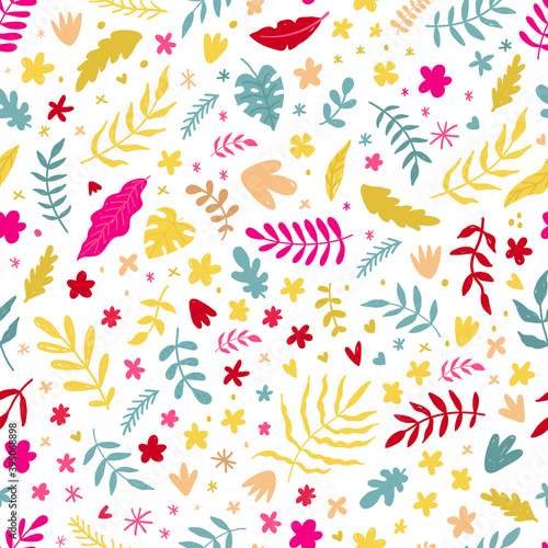 Vector seamless floral pattern in doodle style. Bright pattern with flowers  hearts and branches.