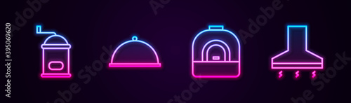 Set line Manual coffee grinder, Covered with tray, Oven and Kitchen extractor fan. Glowing neon icon. Vector.