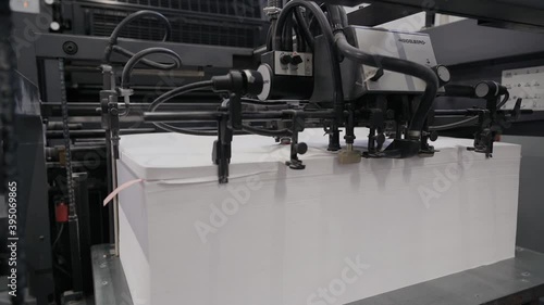 Printing house. Printed sheets of paper are fed to the printing press. Offset printing.