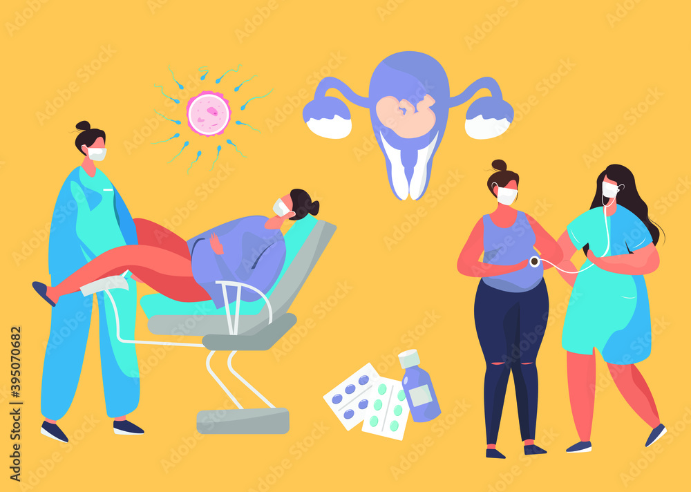 Gynecologist doing Medical Examination of Pregnant.Gynecology Obstetrics Clinic.Pregnant Visiting Gynecologist.Female Consultation.Artificial insemination.Flat Vector Illustration