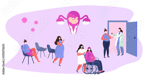 Gynecologist doing Medical Examination of Pregnant with Stethoscope.Gynecology Obstetrics Clinic.Pregnant Visiting Gynecologist.Female Consultation.Artificial insemination.Flat Vector Illustration