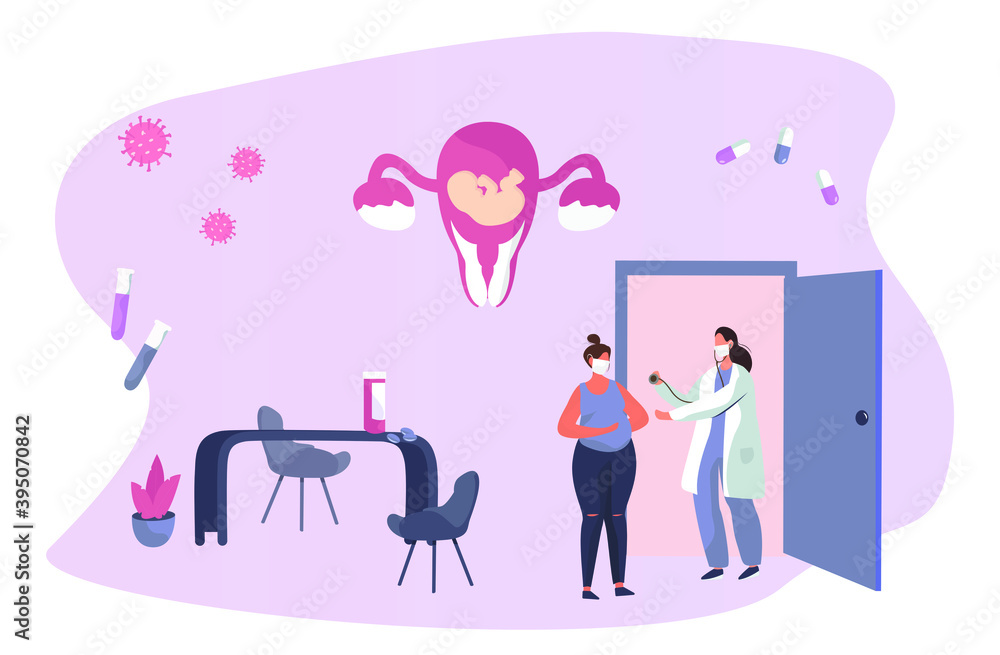 Gynecologist doing Medical Examination of Pregnant in Quarantine.Gynecology Obstetrics Clinic.Pregnant Visiting Gynecologist.Female Consultation.Artificial Insemination.Flat Vector Illustration