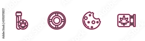Set line Chemical test tube with marijuana, Cookies, Ashtray and Marijuana and cannabis store icon. Vector.