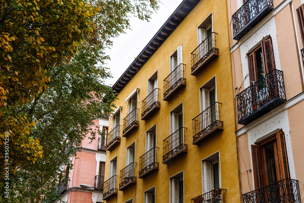 Old residential buildings in central Madrid. Malasana quarter