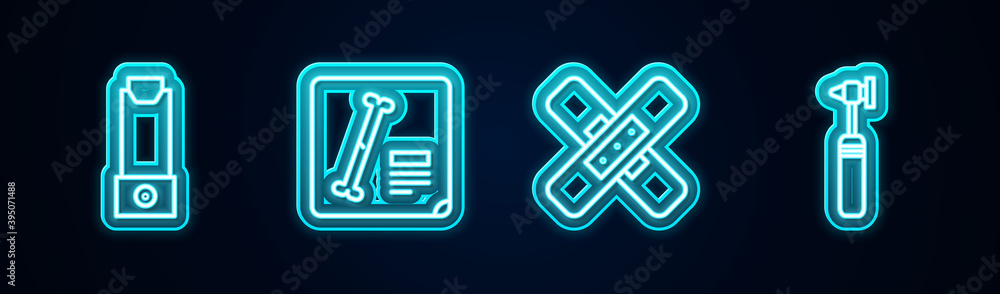 Set line Inhaler, X-ray shots, Crossed bandage plaster and Medical otoscope tool. Glowing neon icon. Vector. Set line Inhaler, X-ray shots, Crossed bandage plaster and Medical otoscope tool. Glowing neon icon. Vector.