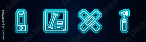 Set line Inhaler, X-ray shots, Crossed bandage plaster and Medical otoscope tool. Glowing neon icon. Vector.