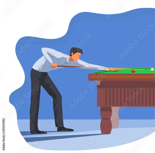 Man plays billiards. Young male with a cue in his hands stands on the side of the snooker table. The player bent down and aimes to hit the ball. Vector flat design illustration of snooker game process photo