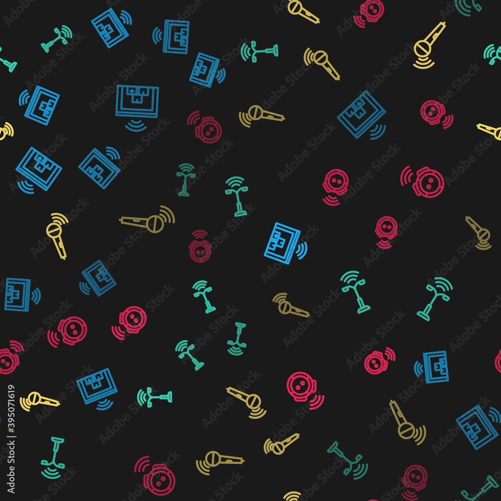 Set line Smart warehouse, street light, Wireless microphone and Robot vacuum cleaner on seamless pattern. Vector. Set line Smart warehouse, street light, Wireless microphone and Robot vacuum cleaner on seamless pattern. Vector.
