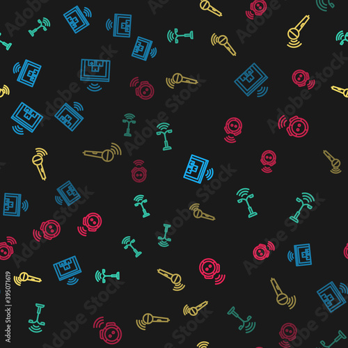 Set line Smart warehouse, street light, Wireless microphone and Robot vacuum cleaner on seamless pattern. Vector.