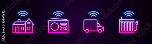 Set line Smart home with wireless, radio, truck and heating radiator. Glowing neon icon. Vector.