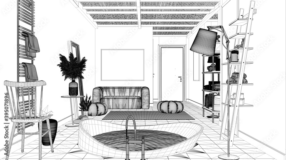 Blueprint project draft, cosy peaceful bathroom, bathtub, ceramic tiles floor, carpet, round poufs, shelves and lamps, mirror and soft sofa, spa, hotel suite, modern interior design