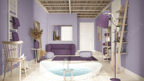 Cosy wooden peaceful bathroom in purple tones, big bathtub, ceramic tiles floor, carpet, round poufs, shelves and lamps, mirror and soft sofa, spa, hotel suite, modern interior design