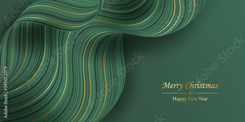Merry Christmas and Happy New Year background 3D. Festive green, golden striped background. Flow lines. Vector illustration wavy stripes. Holiday decoration. Design poster, greeting card, banner.