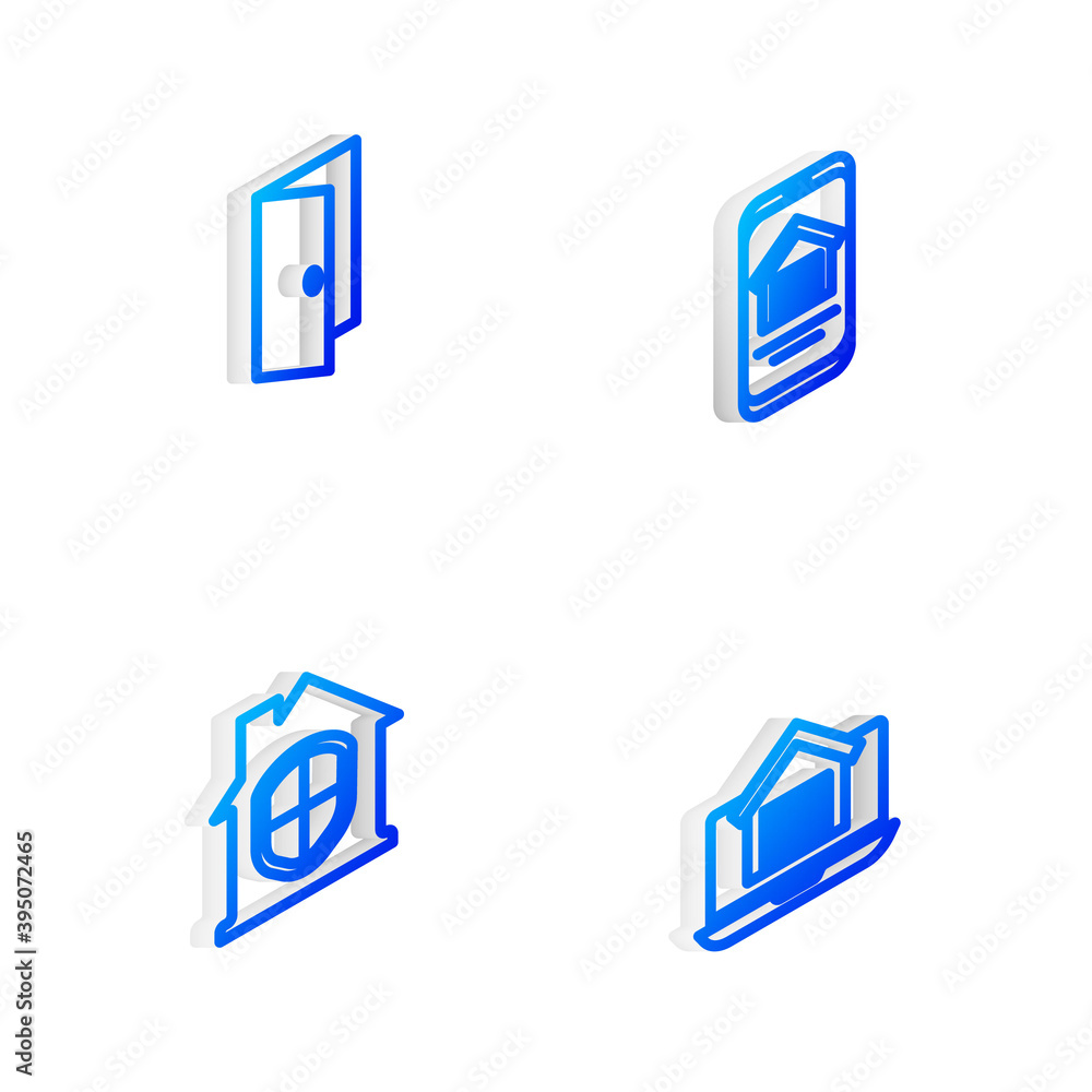 Set Isometric line Online real estate house, Closed door, House under protection and icon. Vector. Set Isometric line Online real estate house, Closed door, House under protection and icon. Vector.