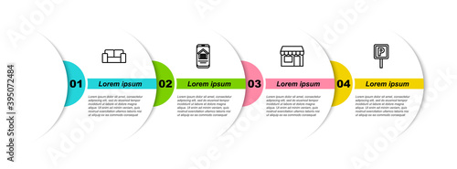 Set line Sofa, Online real estate house, Market store and Parking. Business infographic template. Vector.