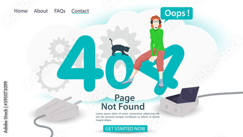 oops 404 error page not found banner Internet connection problems girl sitting in numbers for websites and mobile apps Flat vector illustration