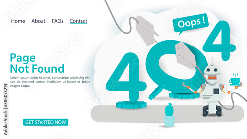 oops 404 error page not found banner Internet connection problems robot near figures with drink for websites and mobile apps Flat vector illustration