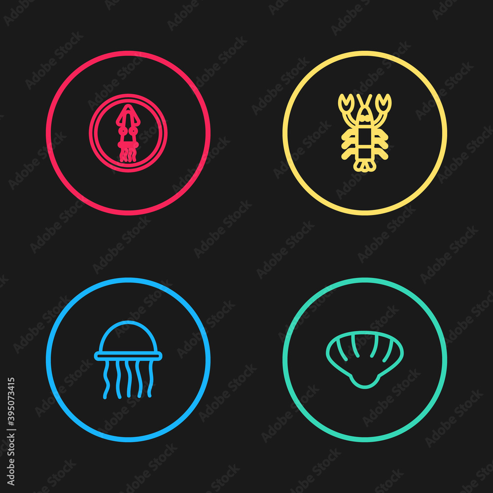 Set line Jellyfish, Scallop sea shell, Lobster and Octopus on plate icon. Vector. Set line Jellyfish, Scallop sea shell, Lobster and Octopus on plate icon. Vector.