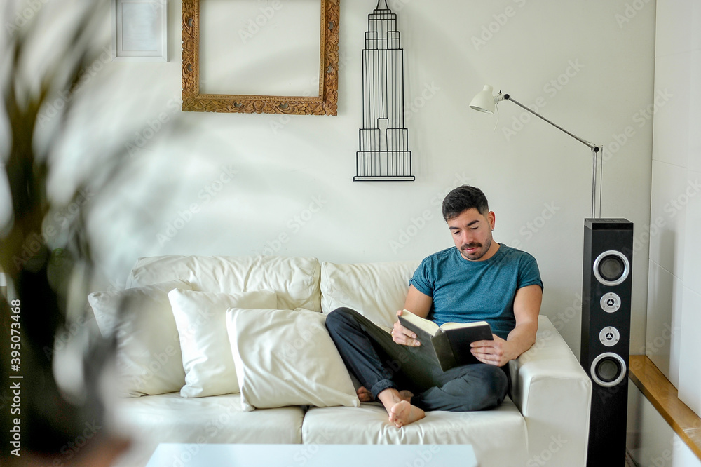 Hombre leyendo un libro en casa. Concepto confinamiento. - obrazy, fototapety, plakaty 