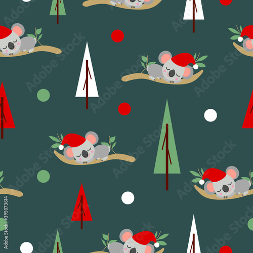 Seamless pattern with koala babies in red Christmas hats sleeping on eucalyptus. Fir trees. Tidewater green background. White, red and green round confetti. Post cards, textile,wallpaperwrapping paper