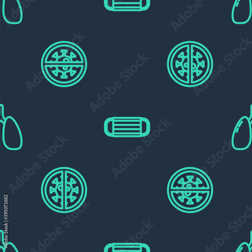 Set line Medical protective mask, Stop virus and Lungs on seamless pattern. Vector.