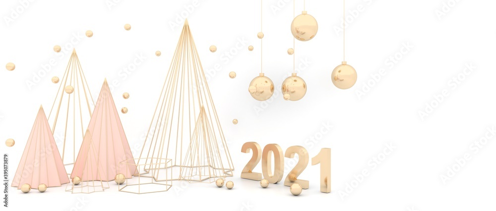 Merry Christmas and Happy New Year. Elegant white background. Golden Christmas tree, sparkling golden ball, Christmas poster, holiday banner, flyer, brochure, stylish greeting card