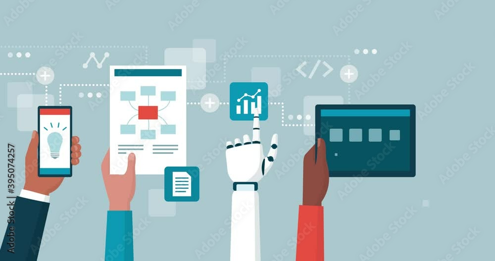 Business people and AI robots working together