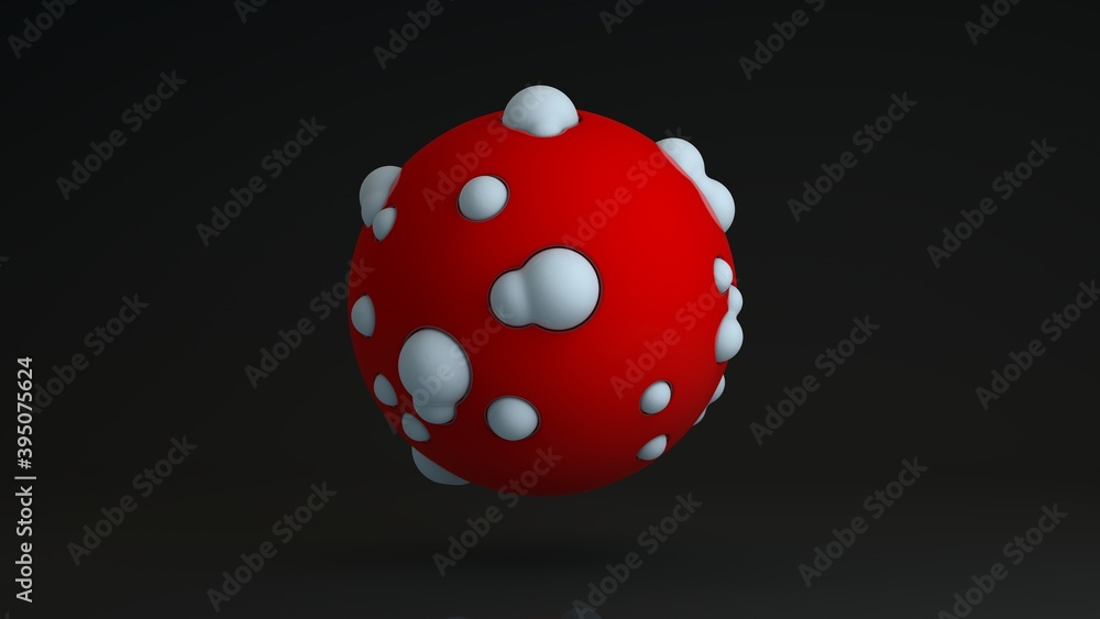 3D rendering of a red perfect ball on a black background. The sphere is covered with white balls that are pressed into its surface. Abstract illustration of a perfect combination of geometric bodies. 3D rendering of a red perfect ball on a black background. The sphere is covered with white balls that are pressed into its surface. Abstract illustration of a perfect combination of geometric bodies.