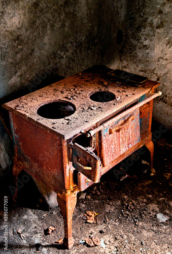 Old stove in an abandoned house in Kalami, a 