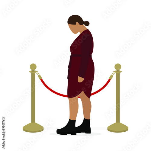 A sad fat female character stands near the fence posts with a red cord